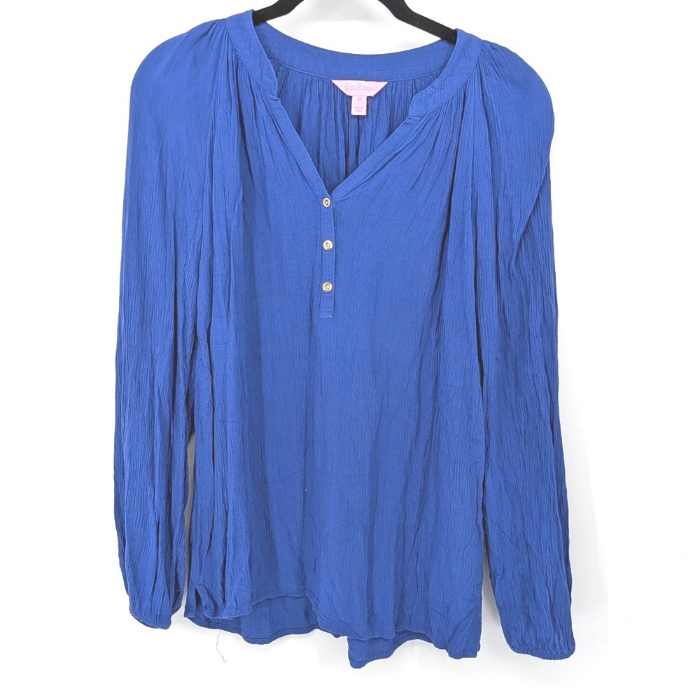 Lilly Pulitzer Blouse Women XS Blue Long Sleeve Henley Crinkle Gauze Coastal Top